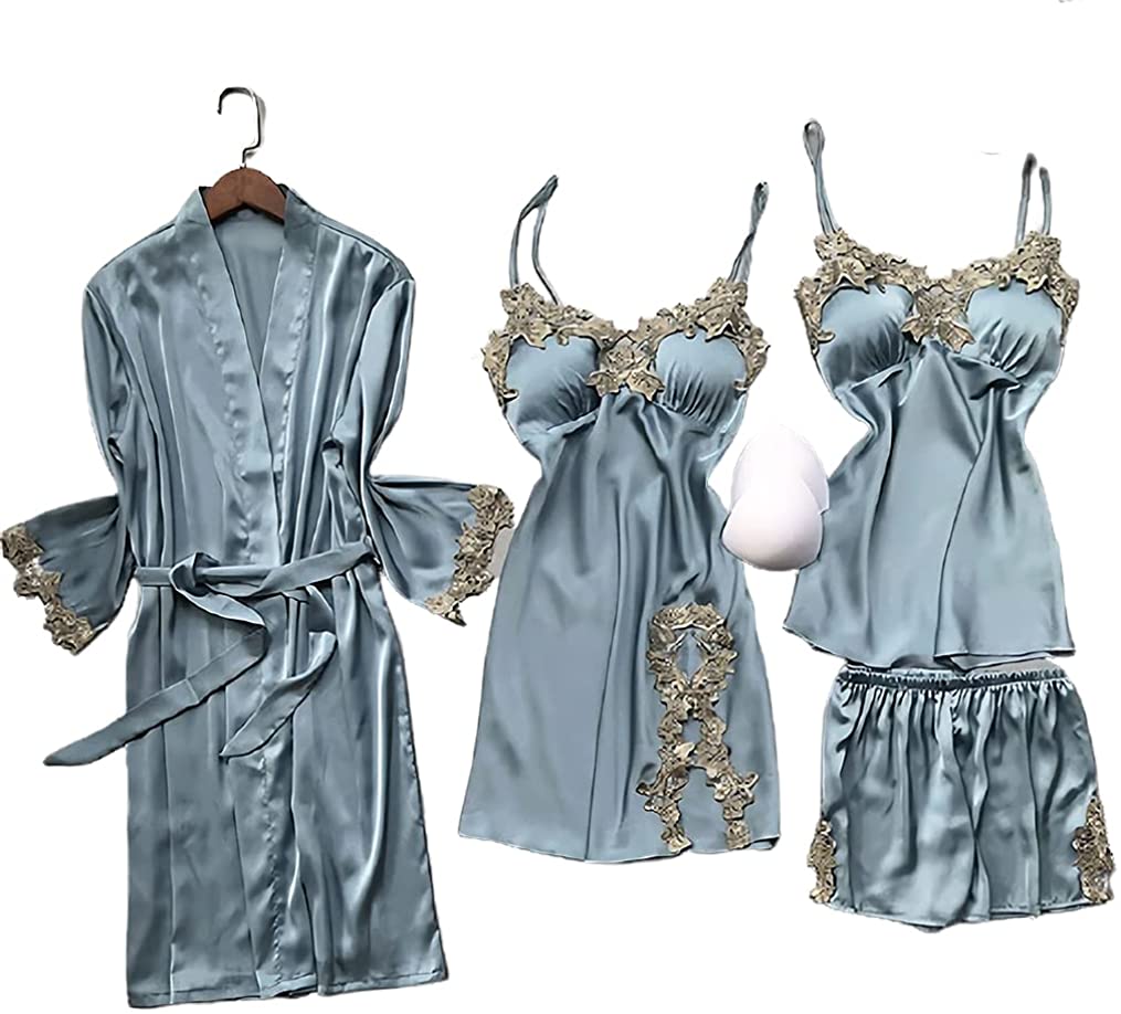 Price:$28.99 Women's Sexy 4pcs Pajamas Sets Satin Silk Lace Sleepwear Solid Color Robe Nightdress with Chest pads: Clothing, Shoes & Jewelry