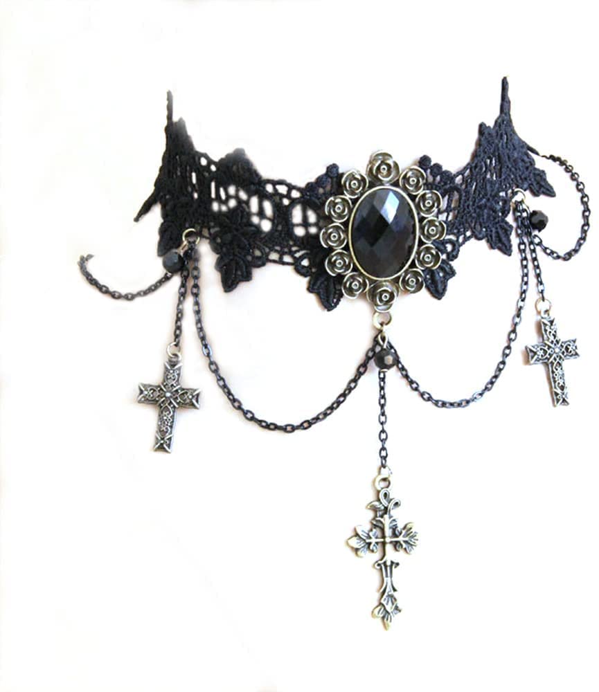 Price:$8.88 Gothic Black Lace Necklace with Cross Dangle Lolita Lace Choker with Black Rhinestone Charm Sexy Statement Lace Necklace for Halloween Party Dance Performance Unique Choker for Women Girls : Clothing, Shoes & Jewelry