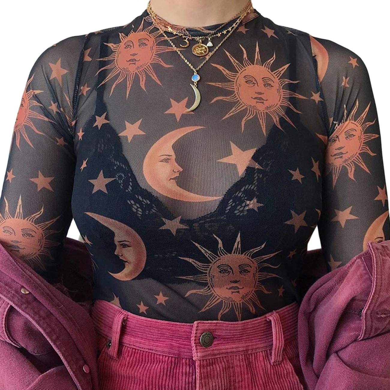 Price:$13.80 Women's Long Sleeve See Through Shirts Angel Print Sexy Sheer Mesh Crop Tops at Amazon Women’s Clothing store
