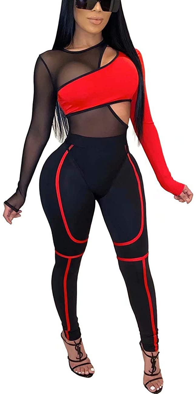 Price:$31.99 Two Piece Outfit for Women Hollow Mesh Bodysuit Stretchy Pant Tracksuits at Amazon Women’s Clothing store