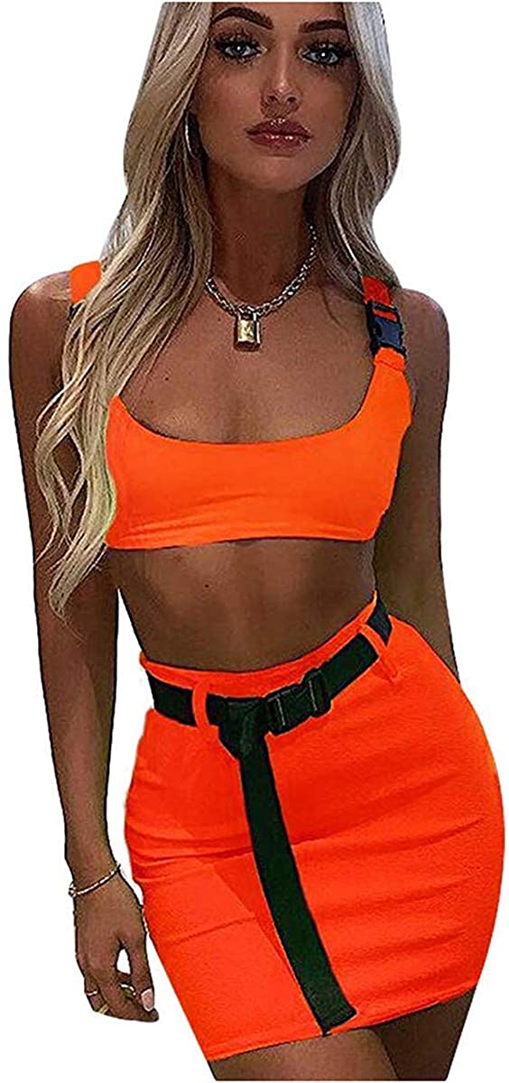 Price:$24.99 Sexy Buckle Tank Crop Top Mini Skirt Set 2 Piece Rave Outfit Party Clubwear Bodycon at Amazon Women’s Clothing store