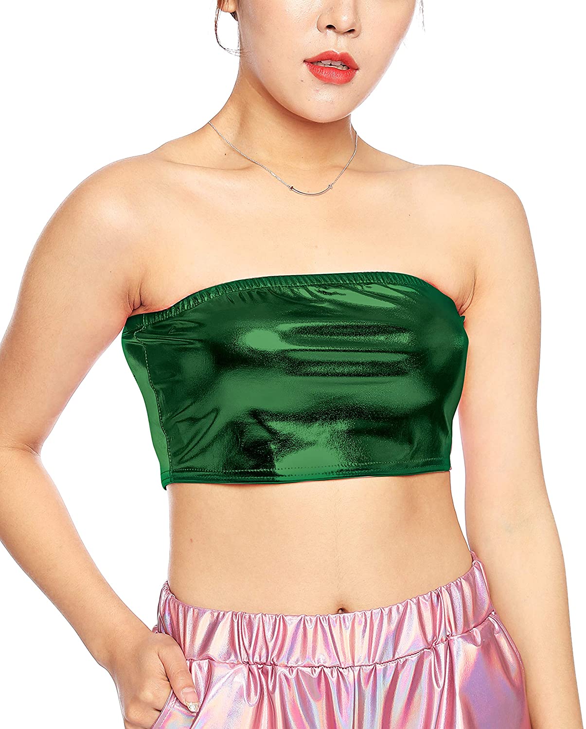 Price:$12.98 Sexy Holographic Metallic Tube Tops Sparkly Bandeau Top Bra High Cutout Strapless Vest Clubwear at Amazon Women’s Clothing store