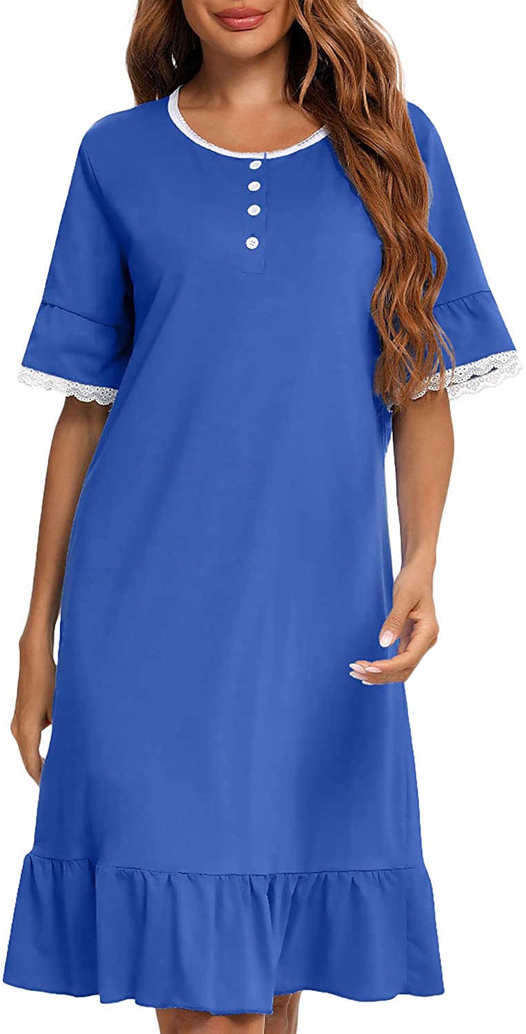 Price:$9.99 VITA Women's Cotton Nightgown Button Down Sleepwear Comfy Lace Trim Short Sleeve Nightshirt Ruffles House Dress : Clothing, Shoes & Jewelry