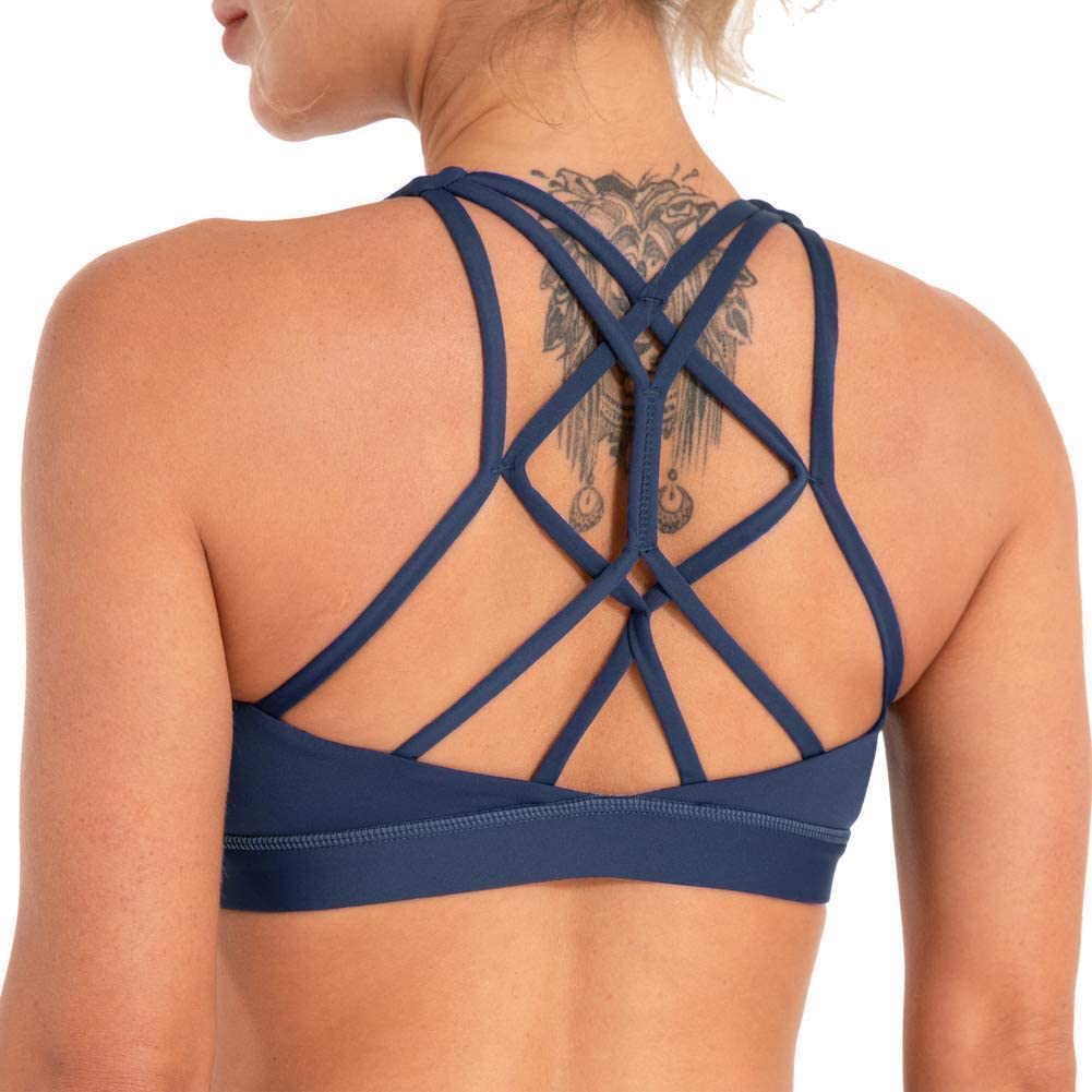 Price:$16.99 Strappy Sports Bras for Women Sexy Crisscross Back Medium Impact Yoga Bra Padded Workout Tops at Amazon Women’s Clothing store