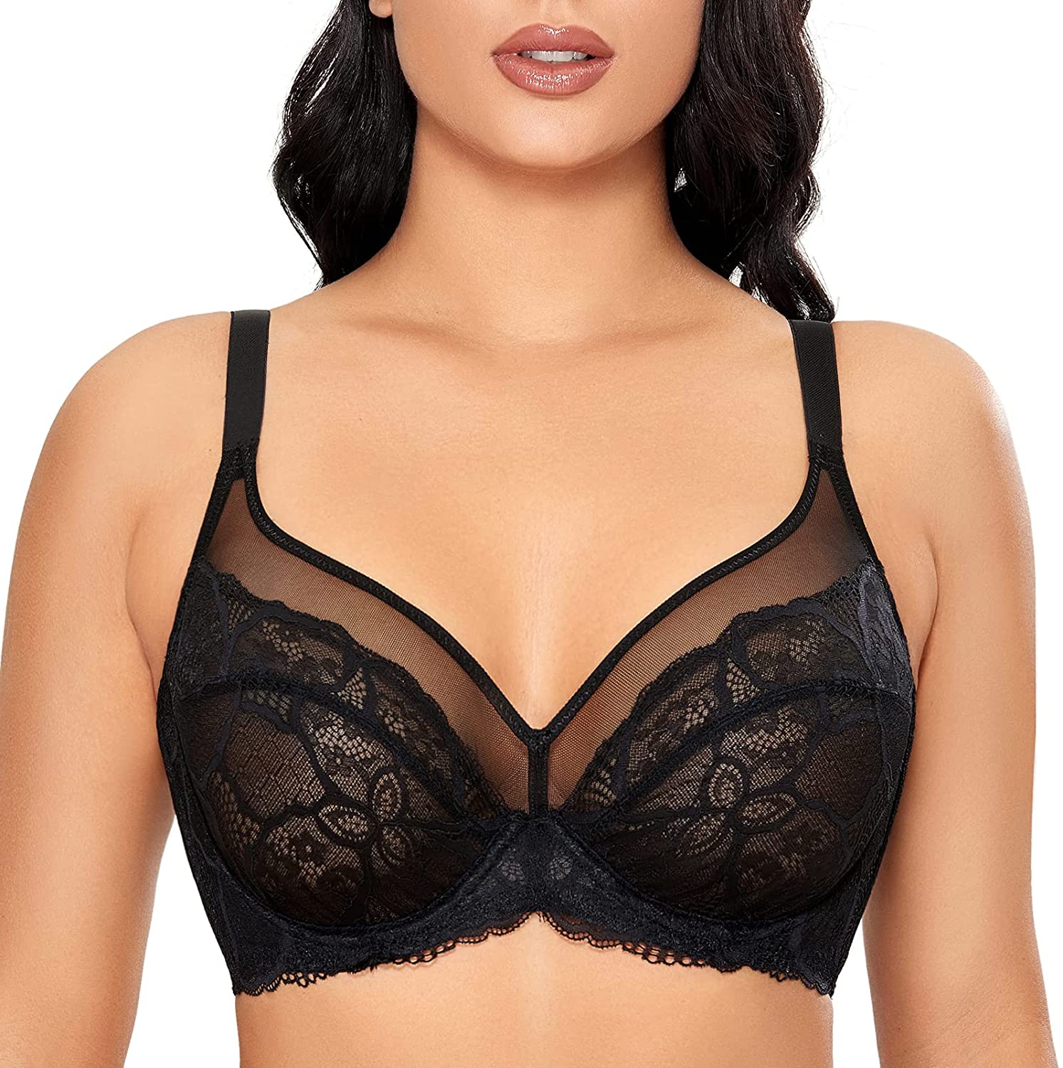 Price:$20.99 Women's Sexy Lace Sheer Bra Unlined Minimizer Underwire Full Coverage See Through Bras at Amazon Women’s Clothing store