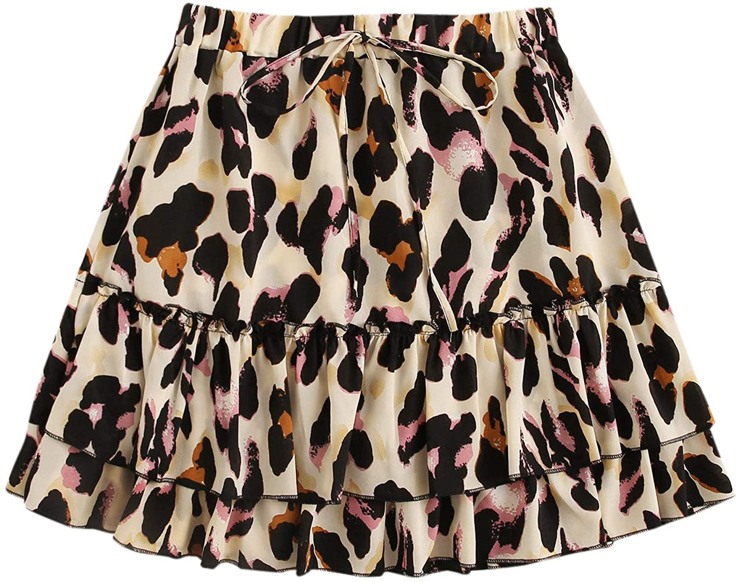 Price:$12.99 Women's Leopard Print Drawstring Waist Layer Ruffle Hem Short Skirt at Amazon Women’s Clothing store