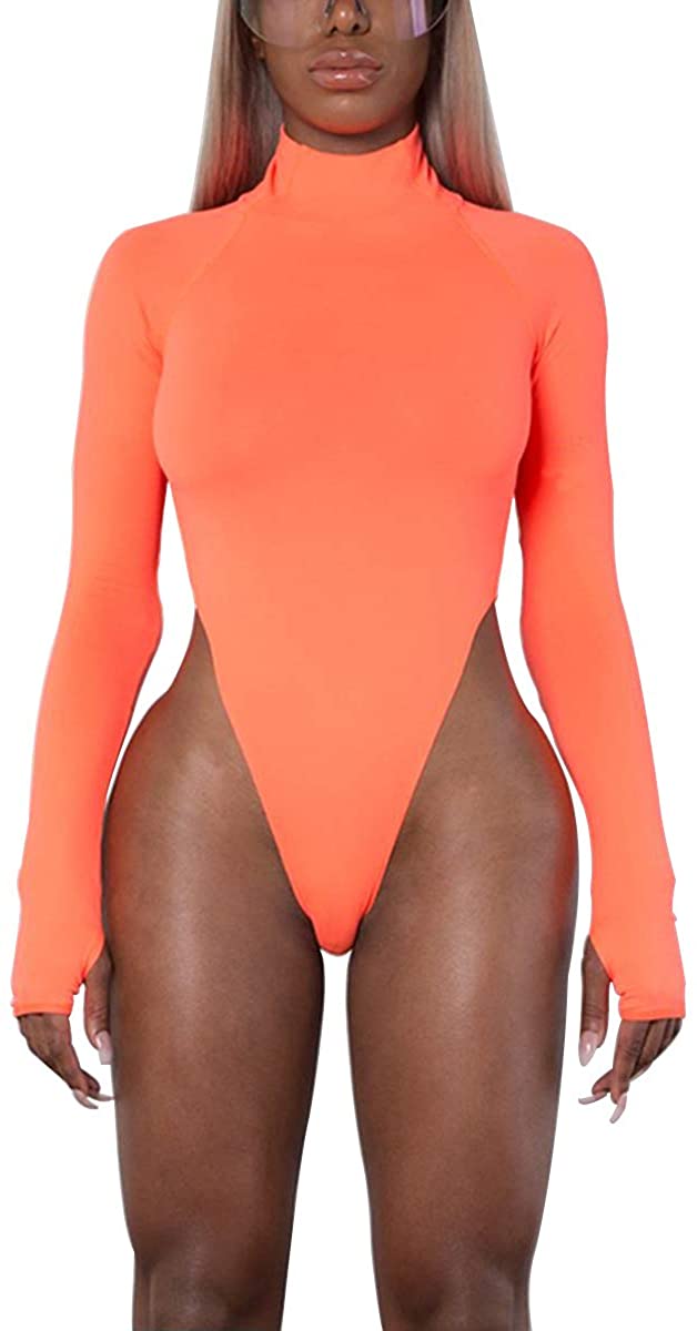 Price:$18.99 Women's Basic Solid Sexy Bodysuit Turtleneck Leotard Top Long Sleeve Bodycon Jumpsuit Stretchy Romper Orange at Amazon Women’s Clothing store