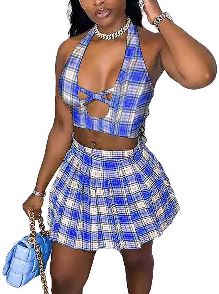 Price:$23.88 Sexy Two Piece Outfit Fashion Strap Crop Top Mini Skirts Set Night Party Clubwear at Amazon Women’s Clothing store