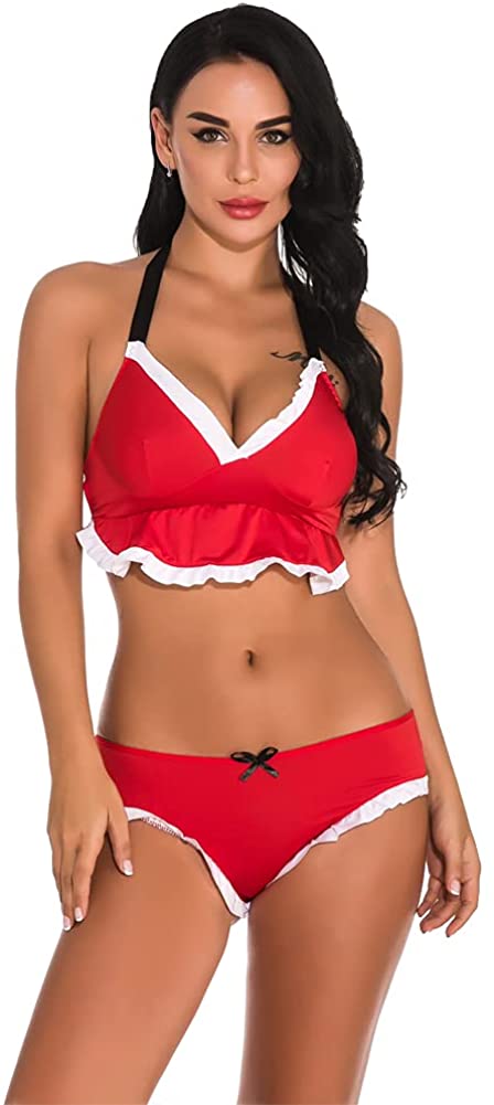 Price:$18.89 Women Lingerie 2 Piece Red Bra and Panty Set halter tie back strap Babydoll Bikini Sets : Clothing, Shoes & Jewelry