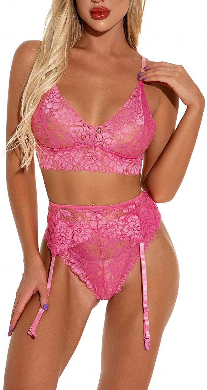 Price:$15.99 Women's Lingerie Set with Garter Belts Bra and Panty Sets V Neck Sexy There Pieces Strappy Lace Teddy Underwear: Clothing, Shoes & Jewelry