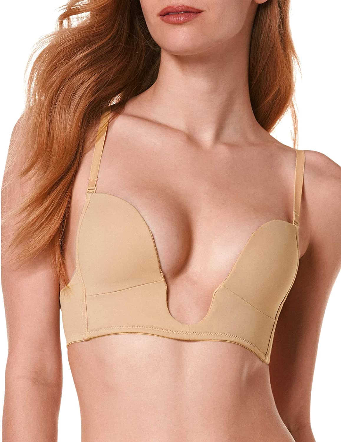Price:$22.99 Women's Deep Plunge Convertible V Bra Push up Low Cut Seamless Comfort Wireless Sexy Dress Bra(Nude,38C) at Amazon Women’s Clothing store