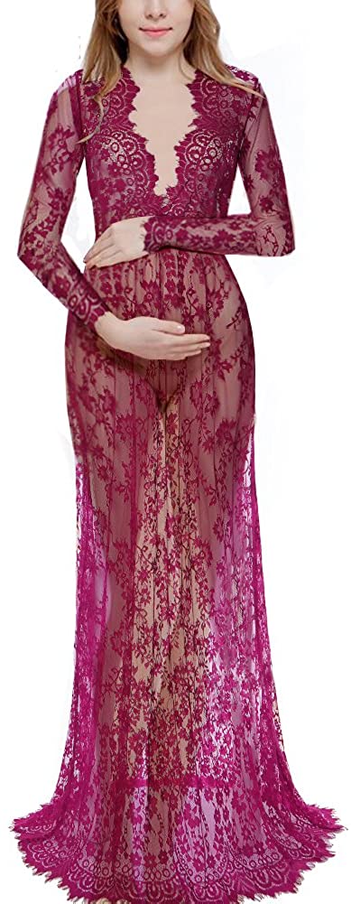 Price:$22.99 Women's Off Shoulder Ruffle Sleeve Lace Maternity Gown Maxi Photography Dress at Amazon Women’s Clothing store
