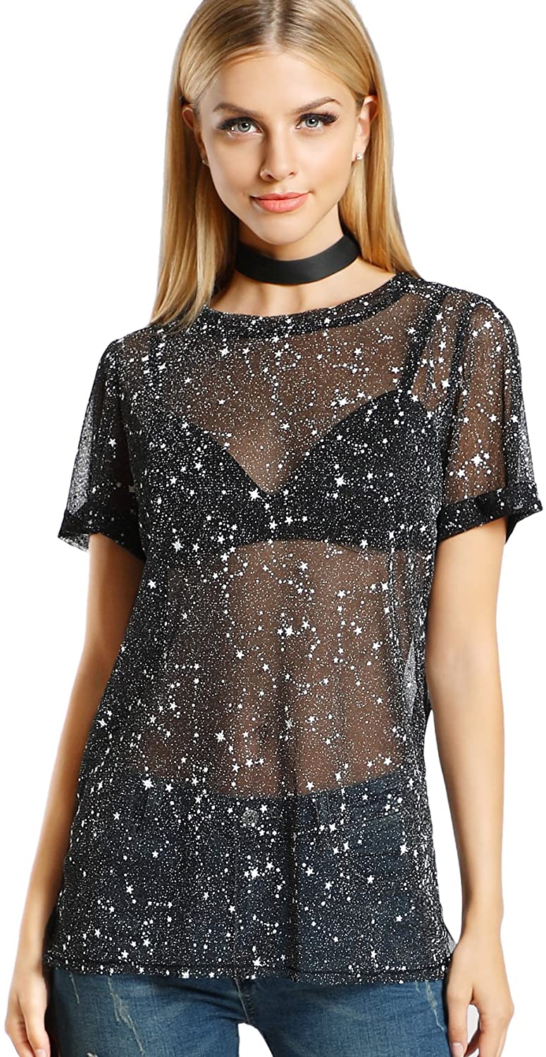 Price:$13.99 Women's Glitter Sheer See Through Short Sleeve Mesh Top Tee Blouse at Amazon Women’s Clothing store