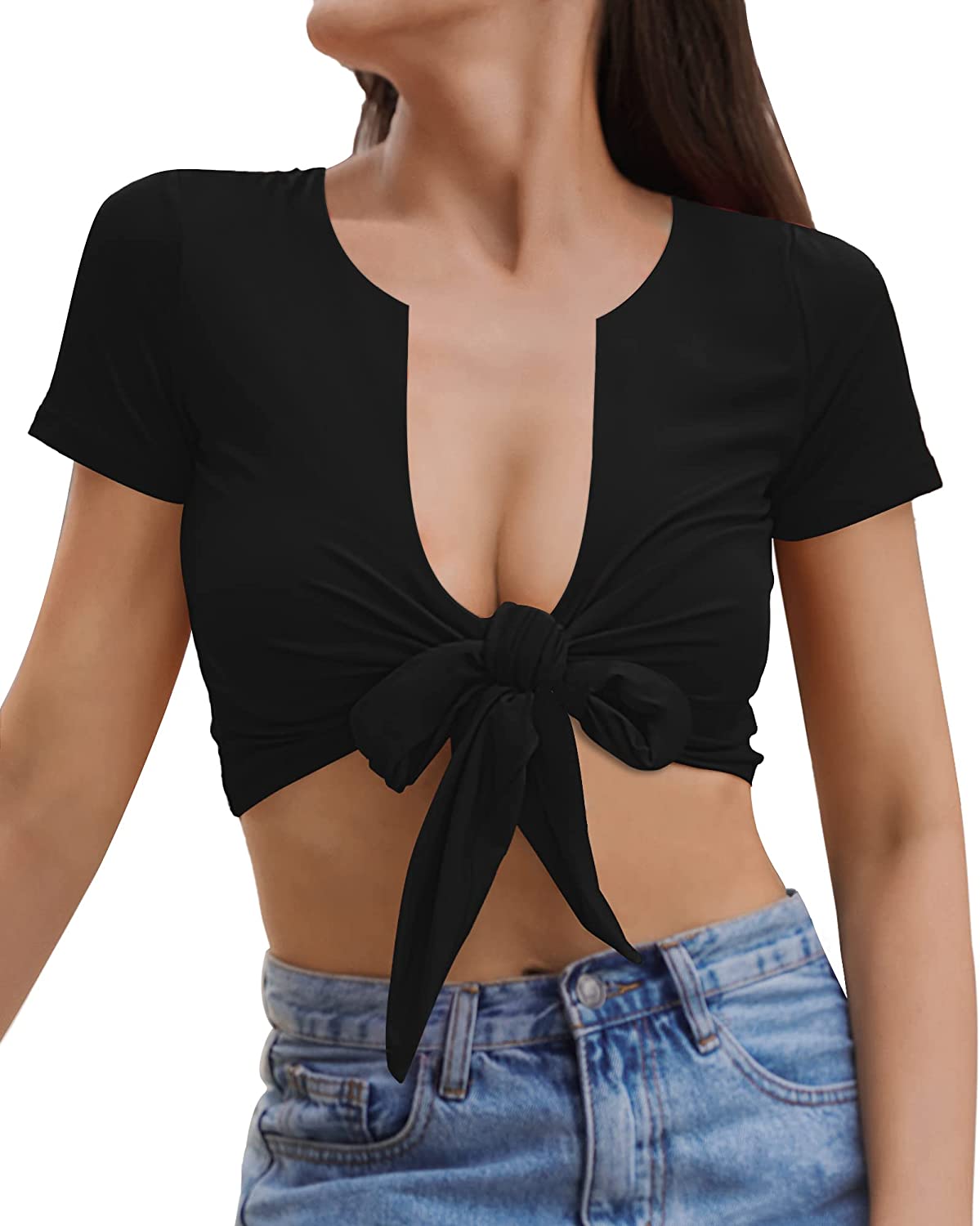 Price:$14.98 Crop Tops for Women Sexy Plunge V Neck Sleeveless Knot Tie Front Basic Crop Tank Top at Amazon Women’s Clothing store