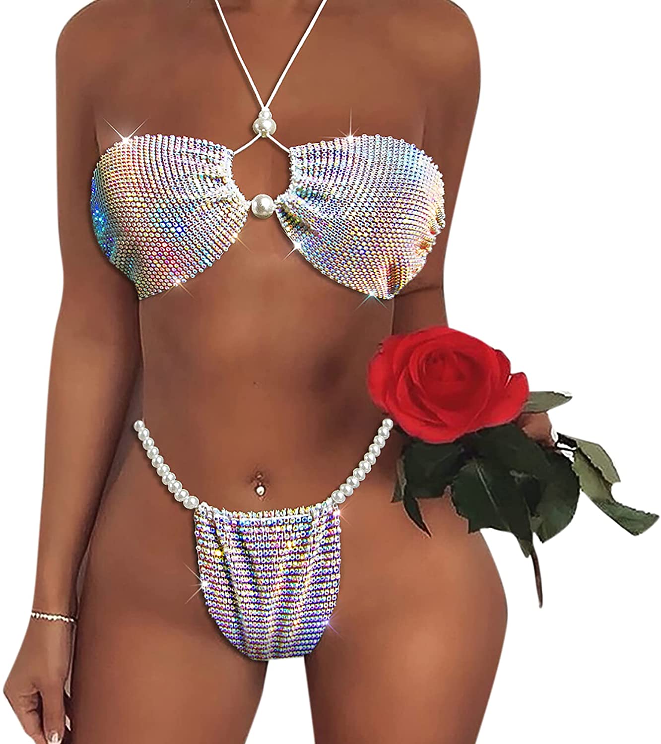 Price:$25.02 Women Sexy Halter Rhinestone Two Piece Swimsuit Pearl Bra Panties Bikini Sets Body Chain Jewelry : Clothing, Shoes & Jewelry