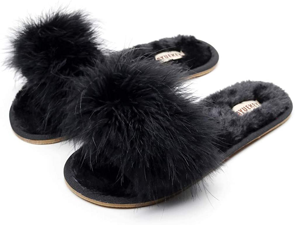 Price:$22.99 Fur Slippers for Women Summer Autumn Fluffy Furry Soft Plush Open Toe Slides Flats Shoes | Slippers