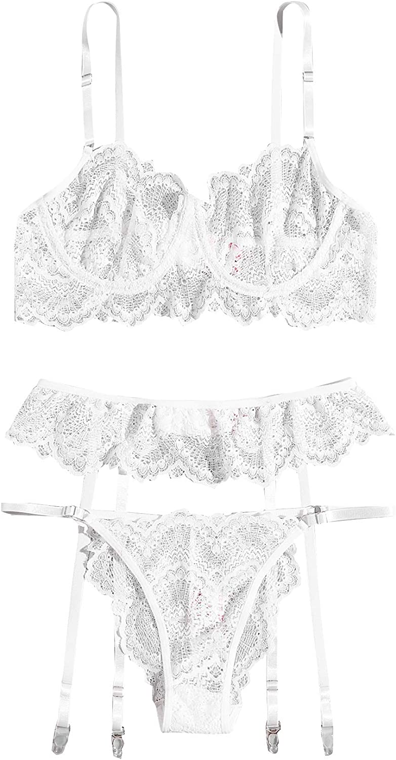 Price:$16.99 Women's 3 Piece Floral Lace Lingerie Set with Garter Belts Sexy Bra and Panty: Clothing, Shoes & Jewelry