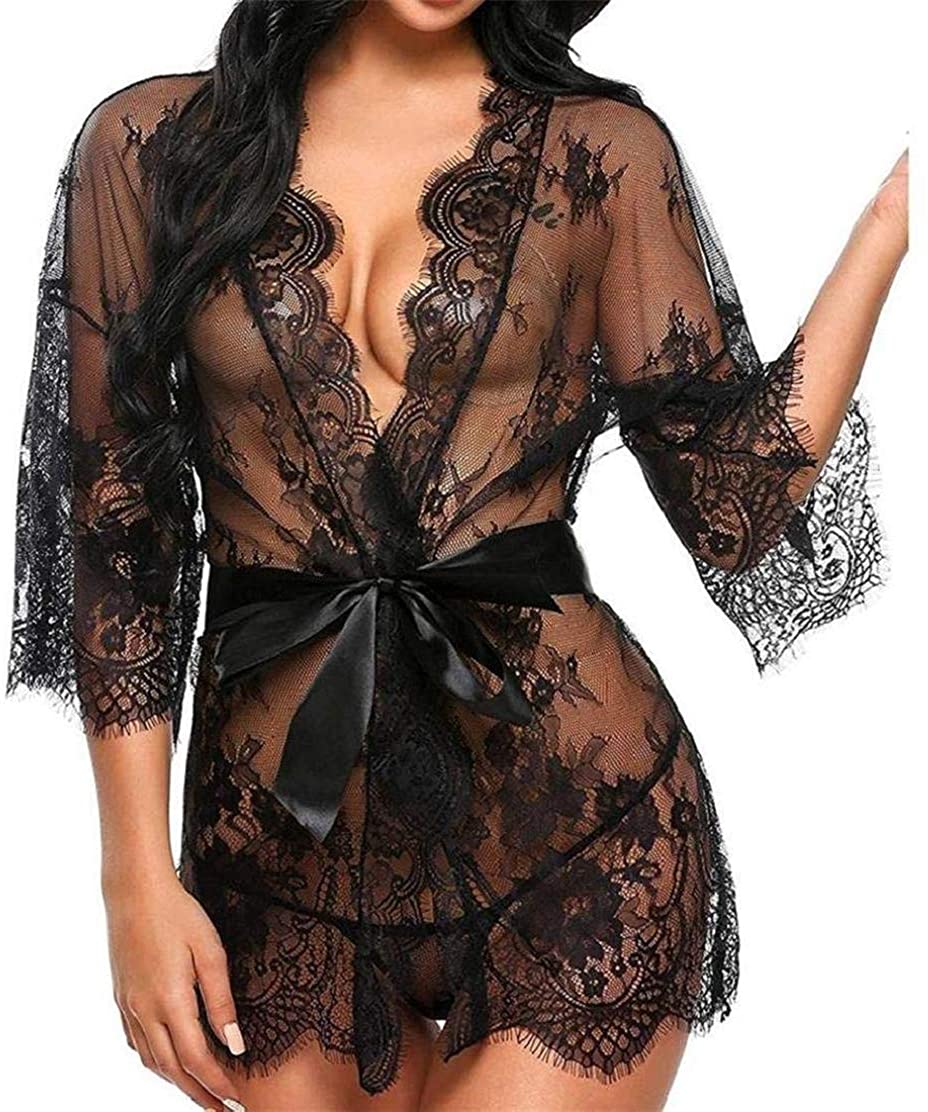 Price:$9.99 Women Lingerie, Lace Sexy Nightgown Transparent Mesh Deep V Neck Coverall and Panties Belt See Through Underwear at Amazon Women’s Clothing store