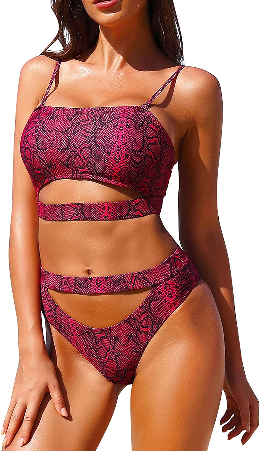 Price:$17.99 Women's Sexy Bikini Swimsuit Bathing Suits Spaghetti Strip Scoop Neck Straps Cut Out High Waisted Thong Two Piece (Red Snakeskin Print, Large) : Clothing, Shoes & Jewelry