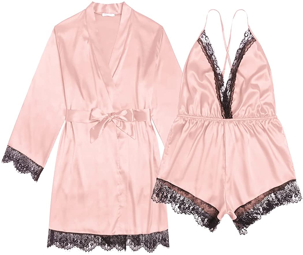 Price:$26.99 Women Sexy Sleepwear Lingerie Satin Pajamas Cami Lace Rompers with Robe (Pink M): Clothing, Shoes & Jewelry