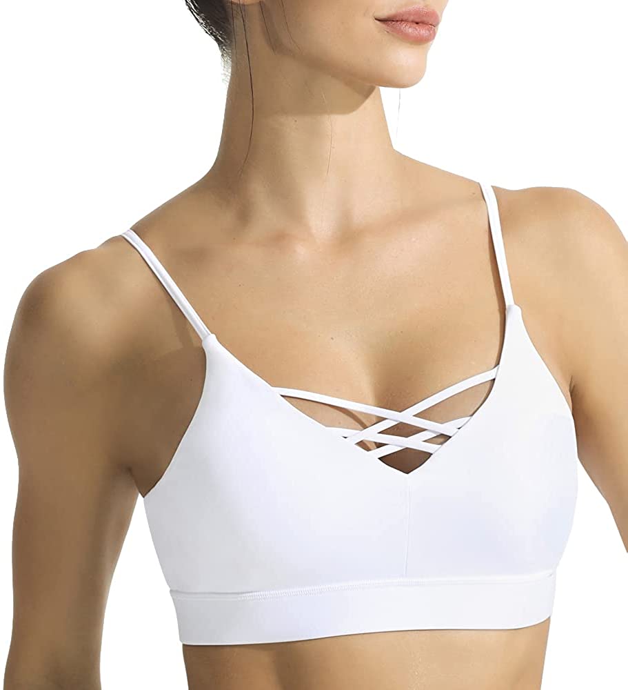 Price:$22.99 Women's Strappy Padded Sports Bra - Yoga Bras for Women Spaghetti Straps Yoga Bra Tops, A-C Cup at Amazon Women’s Clothing store