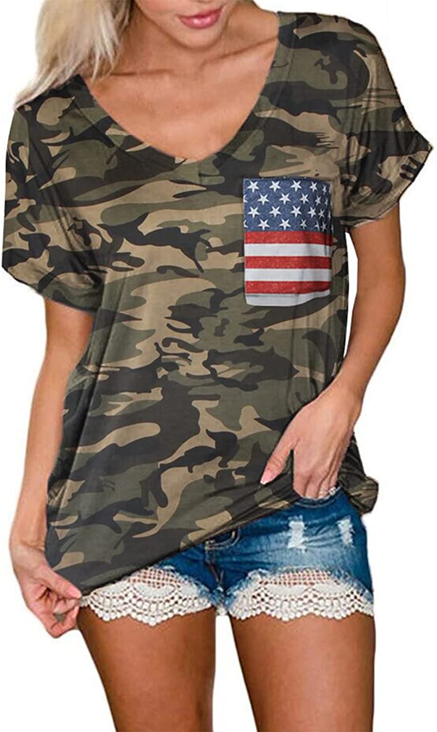 Price:$11.99 Fish Women Camouflage Print V-Neck Casual Plain Lounge T-Shirt Basic Short Sleeve Tops at Amazon Women’s Clothing store