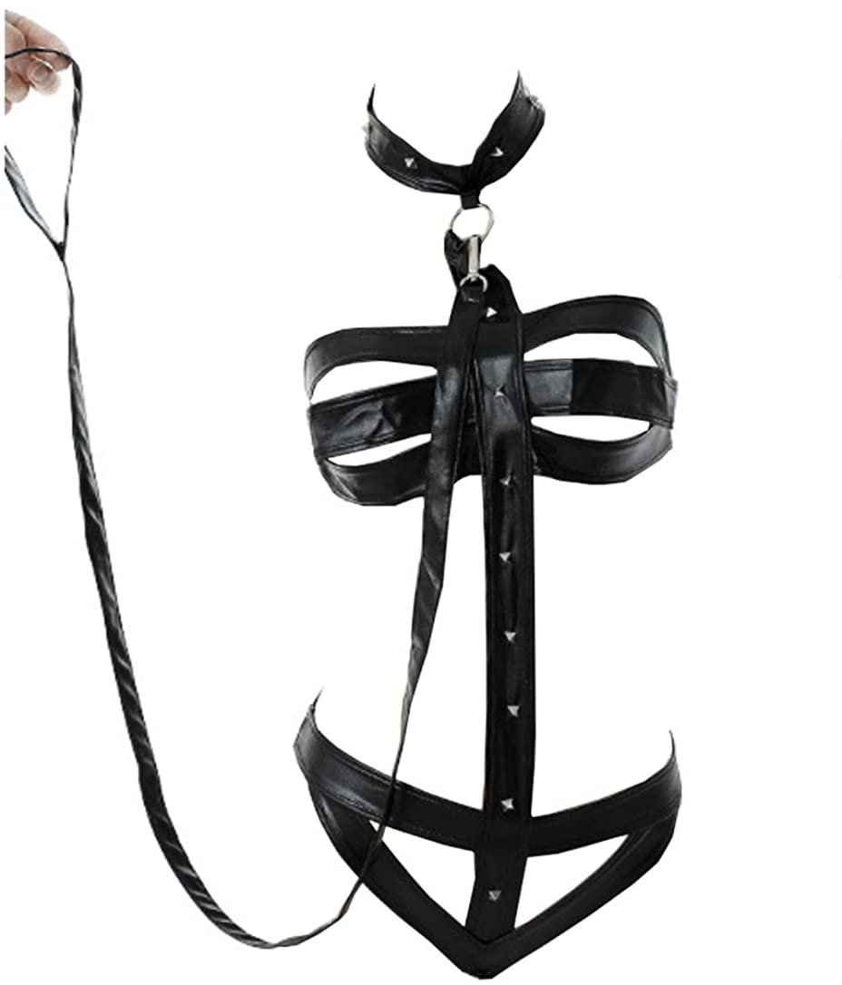 Price:$20.99 Sexy Bandage Halter Leather Punk Teddy Lingerie One Piece Mini Bodysuit with Leash (Black): Clothing, Shoes & Jewelry