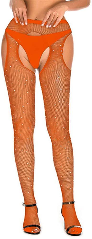 Price:$12.96 Fishnet Stockings Rhinestone High Waist Tights Pantyhose Sheer (Orange , OneSize ) at Amazon Women’s Clothing store