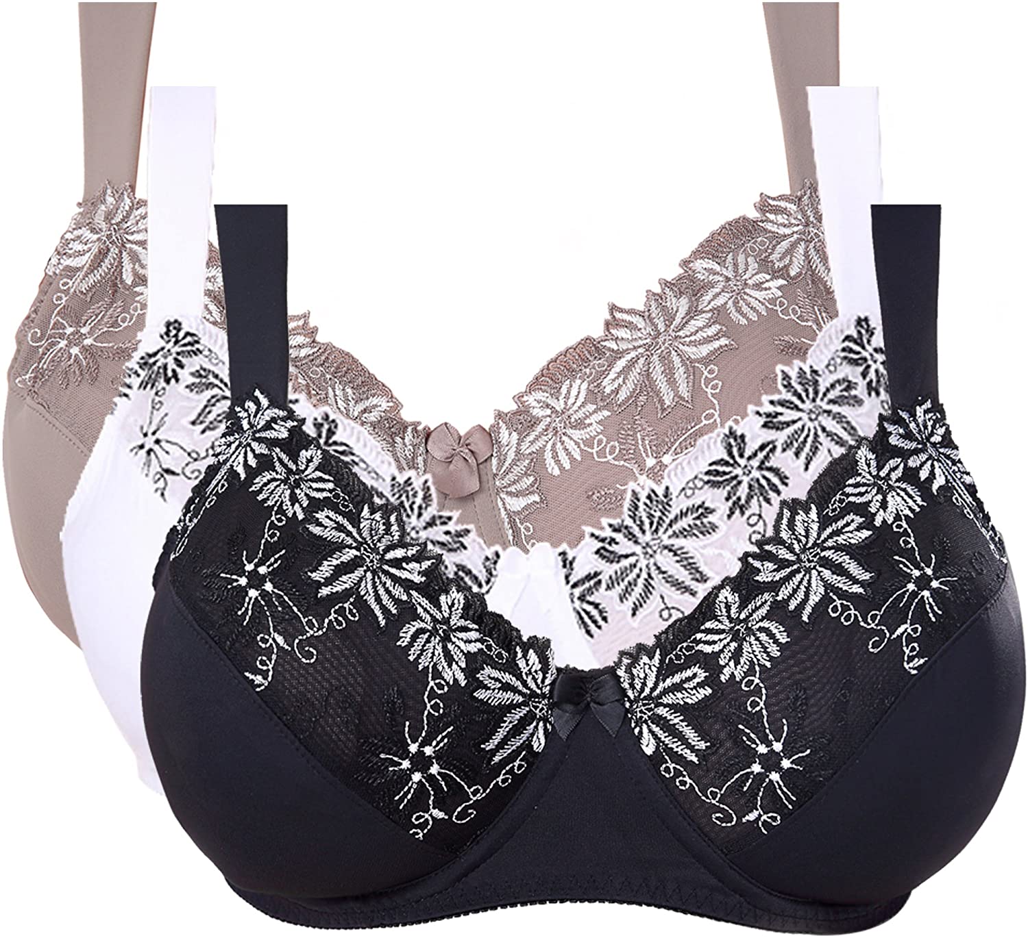 Price:$39.99 Muse Plus Size Minimizer Underwire Unlined Bras with Embroidery Lace-3Pack at Amazon Women’s Clothing store