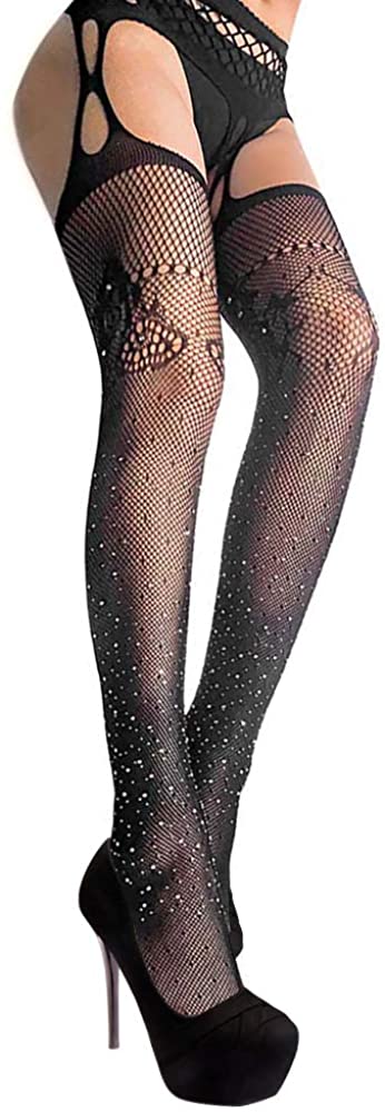 Price:$8.80 rhinestone suspenders pantyhose fishnet garter stockings tights sexy flower pattern hollow mesh thigh socks: Clothing, Shoes & Jewelry