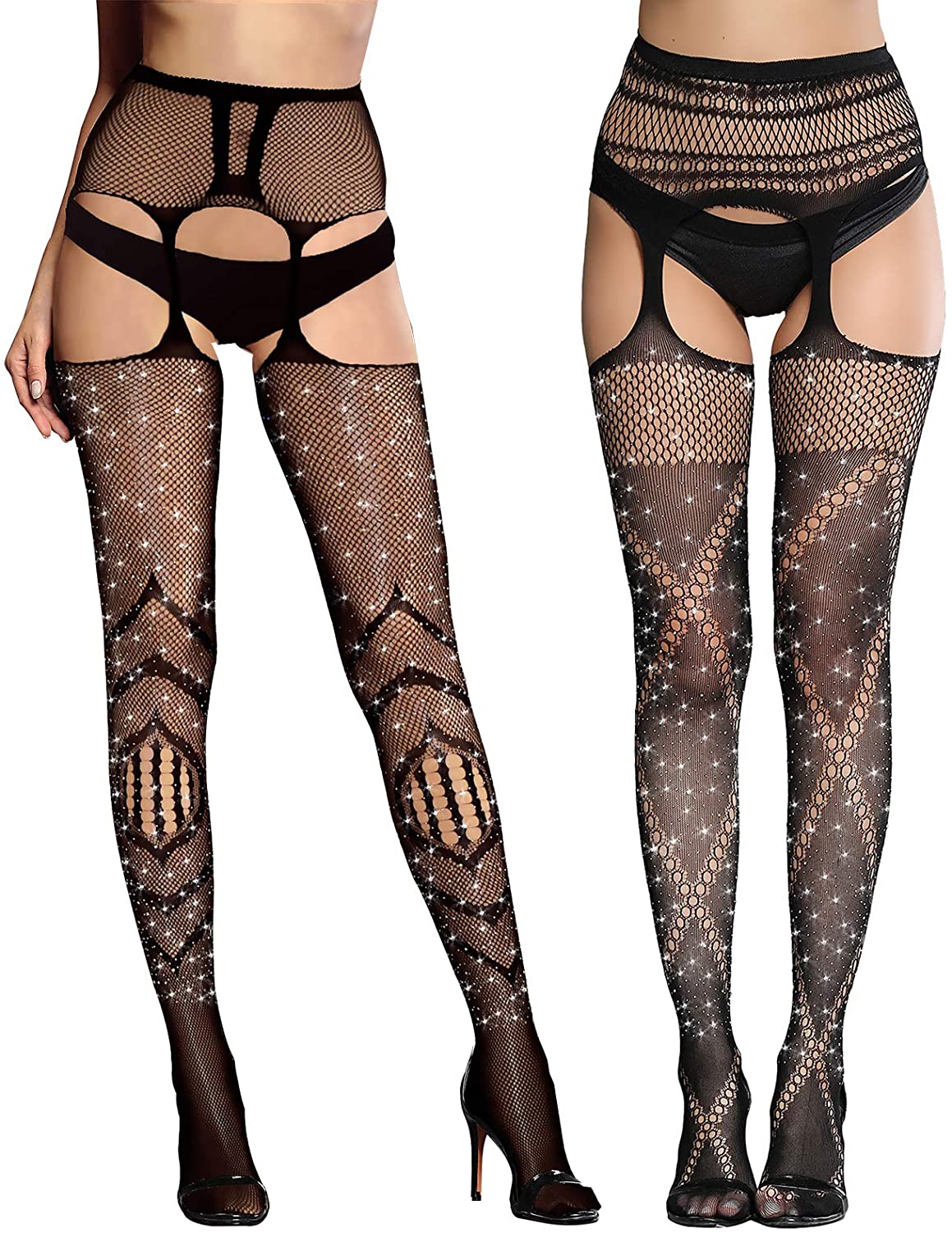 Price:$11.99 Tights Garter Belt stockings High Waist Tights Sparkle Rhinestone Thigh High Pantyhose (Black-05) at Amazon Women’s Clothing store