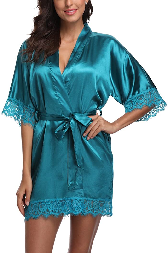 Price:$9.99 Satin Kimono Robes Women Pure Color Bridemaids Bath Robe with Lace Trim at Amazon Women’s Clothing store