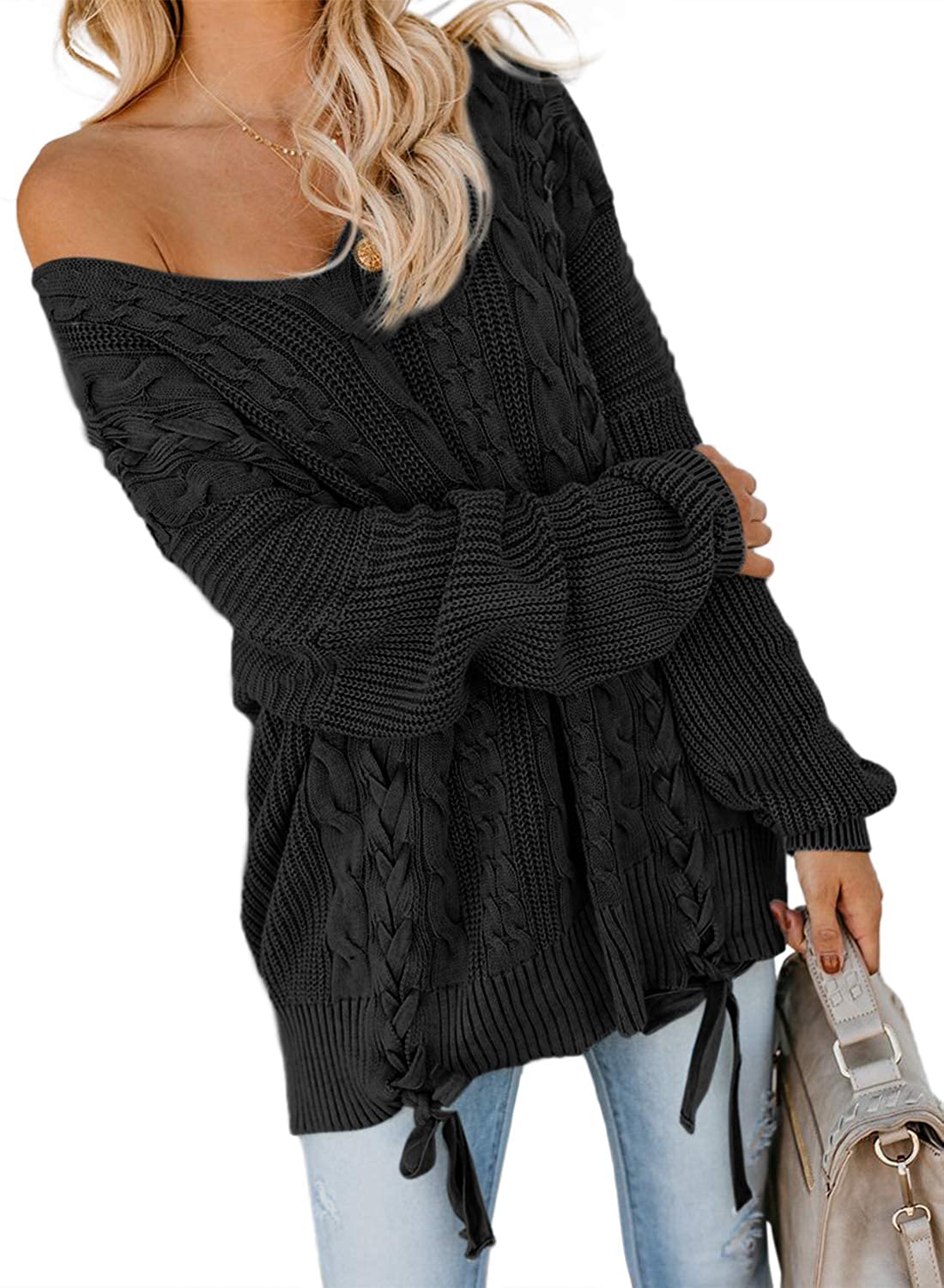 Price:$6.98 Women's Off Shoulder Long Sleeve V-Neck Ribbed Cable Pullover Sweaters Loose Fitting Jumper Tops : Clothing, Shoes & Jewelry