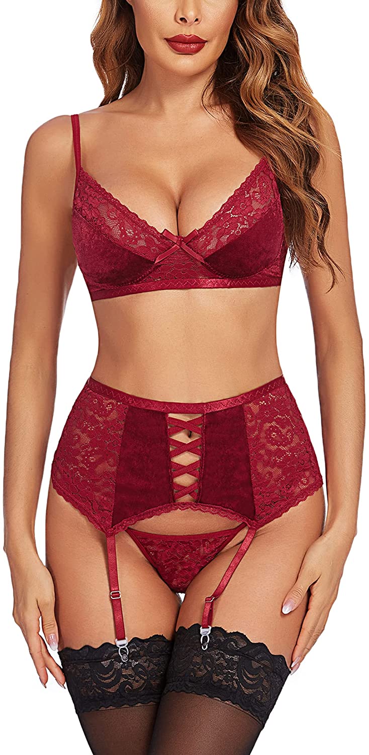 Price:$19.99 Lingerie Set with Garter Belt High Waist Lace Teddy Babydoll Bodysuit 3 Piece Bra and Panty Set at Amazon Women’s Clothing store