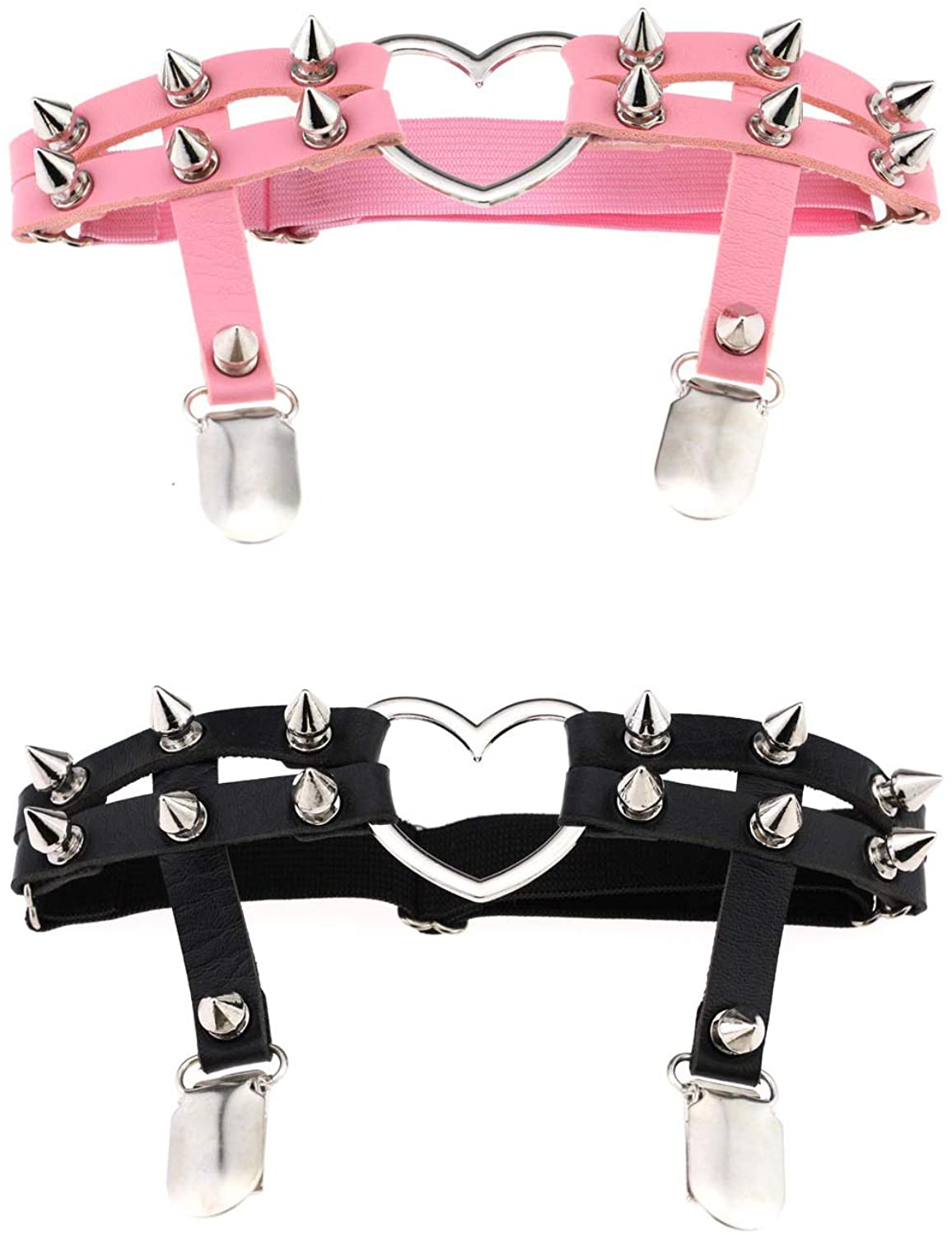 Price:$15.99 2 Pcs Women Girls Sexy Leather Metal Heart Punk Rivet Stud Leg Garter Belt Elastic Adjustable Leather Leg Ring Sock Garter (Black + Pink) : Clothing, Shoes & Jewelry