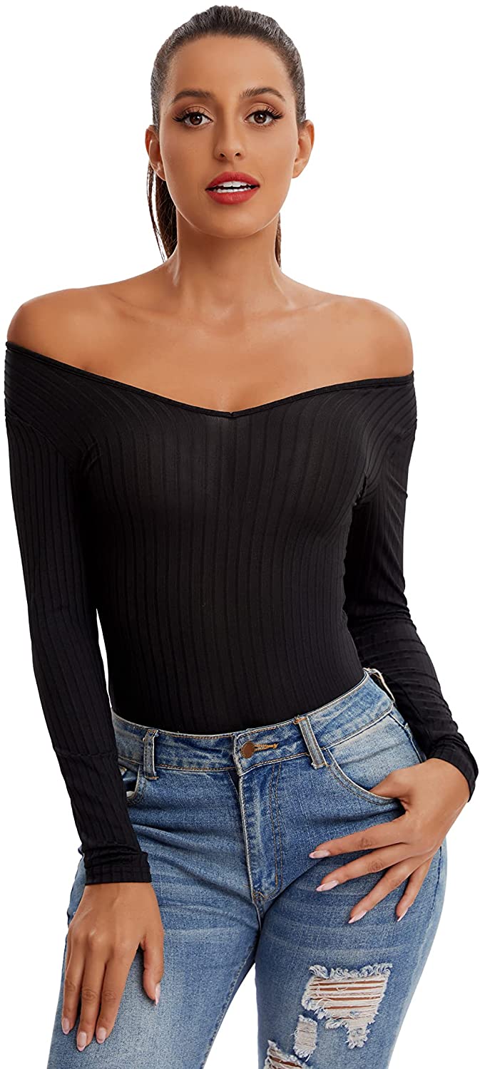Price:$12.99 Women's Long Sleeve Bodysuit Tops Sexy Deep V Neck Bodycon Knit Leotard Bodysuit : Clothing, Shoes & Jewelry