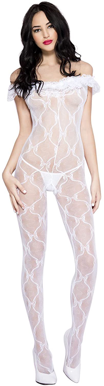 Price:$14.00 LEGS Women's Lace Ruffled Off Shoulder Bodystocking, White, One Size: Adult Exotic Lingerie Bodystockings: Clothing, Shoes & Jewelry