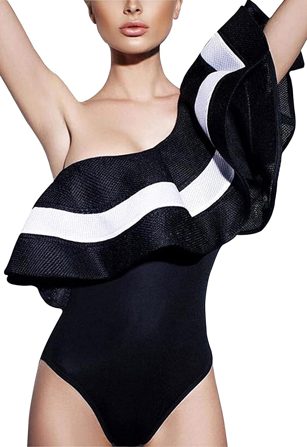 Price:$25.99 Women's Off Shoulder Ruffle Bodysuit Rompers Leotards Tops : Clothing, Shoes & Jewelry