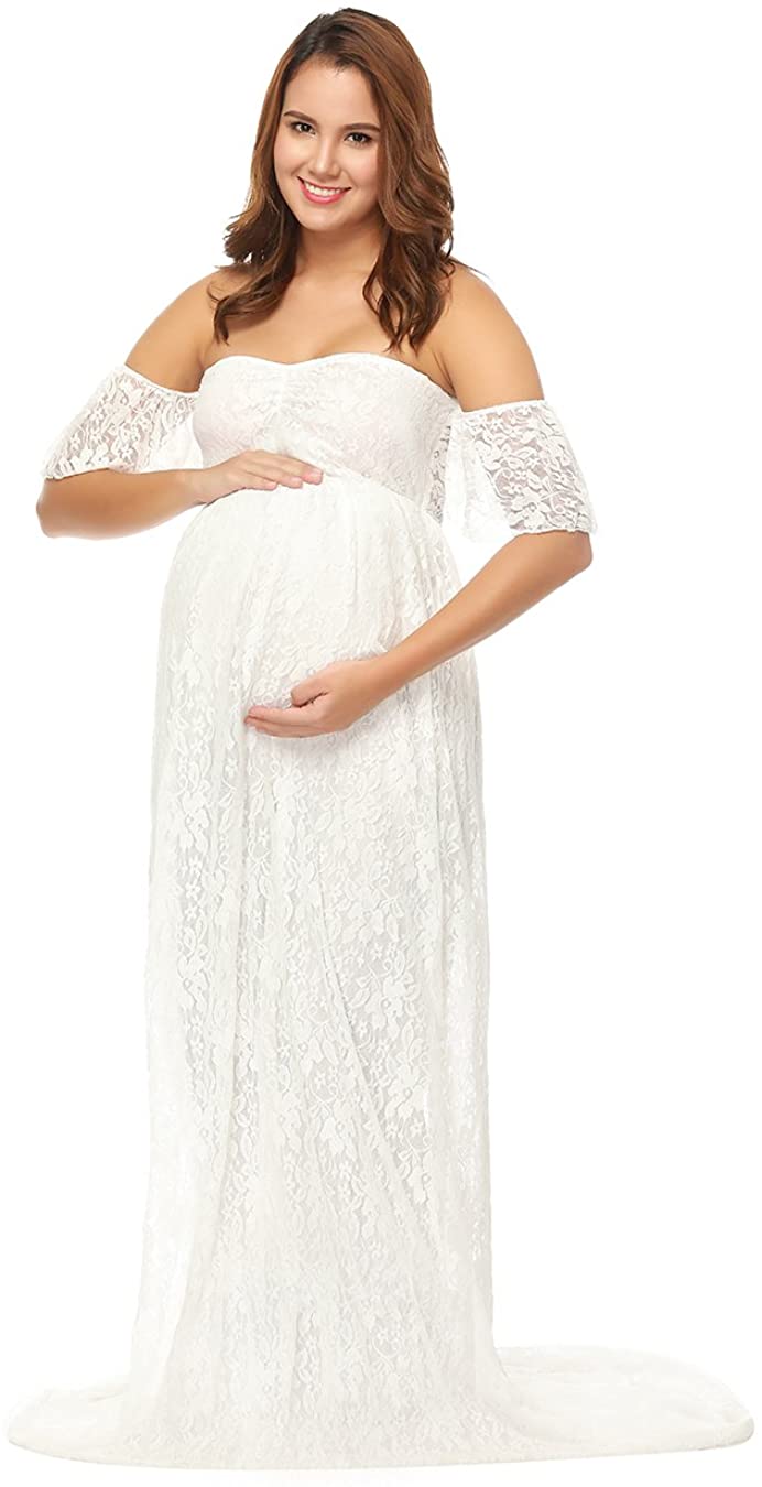 Price:$34.99 Maternity Off Shoulder Ruffle Sleeve Lace Wedding Gown Maxi Photography Dress for Photo Shoot Dress at Amazon Women’s Clothing store