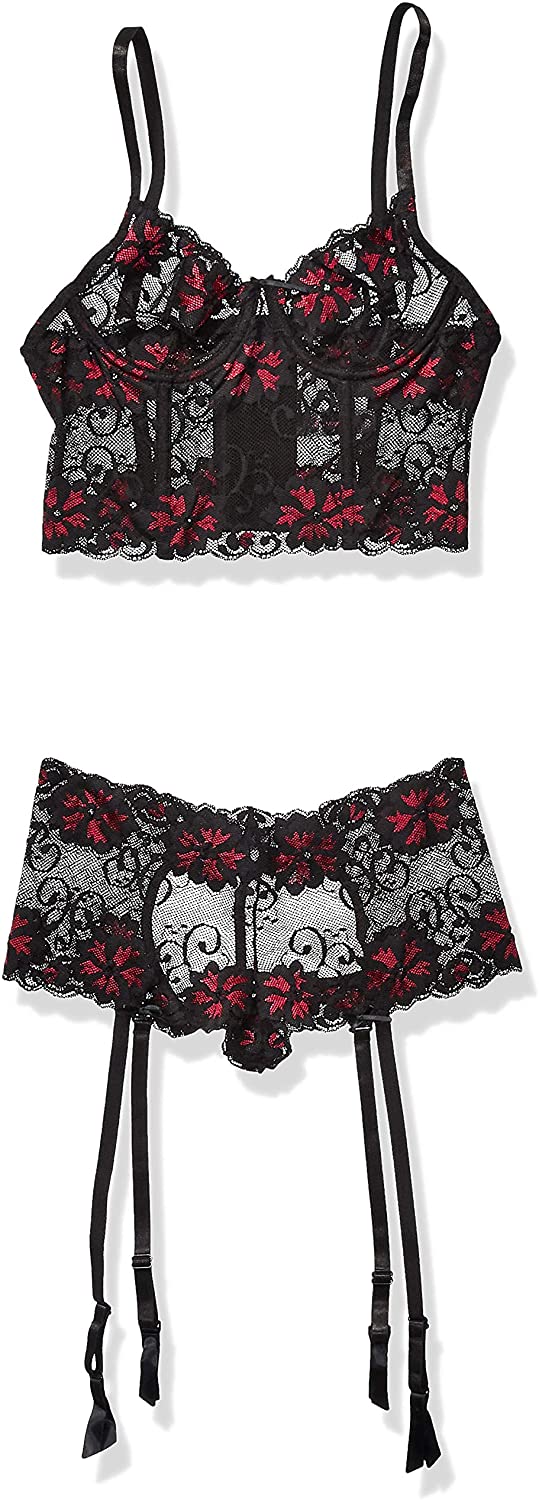 Price:$14.87 Women's Flirty Floral Cross-Dye Lace Bustier and Panty Set, Black, Medium: Clothing, Shoes & Jewelry