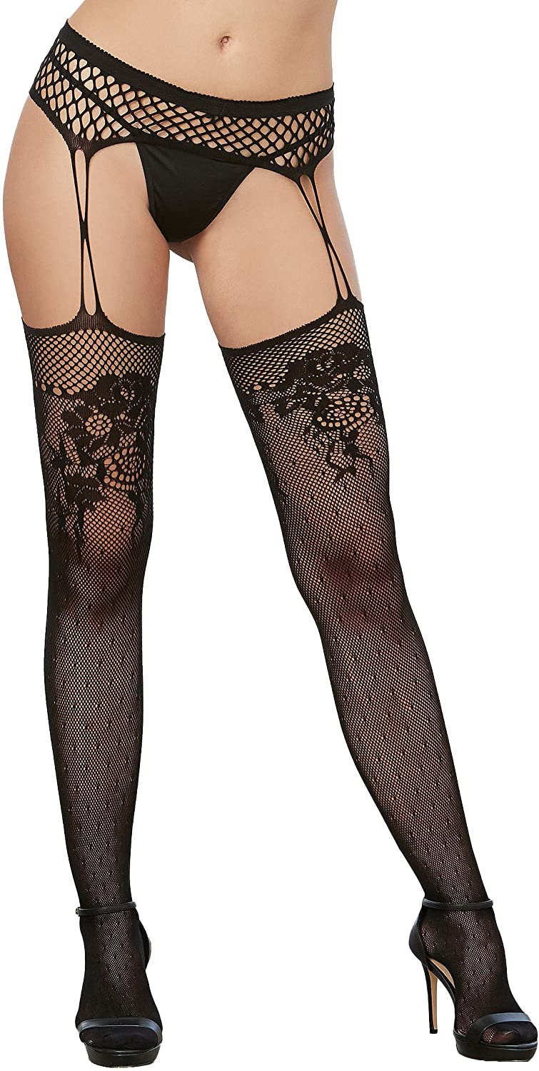 Price:$15.06 Women's Stretch Fishnet Gartered Pantyhose with Knitted Lace Designs, black, O/S: Clothing, Shoes & Jewelry