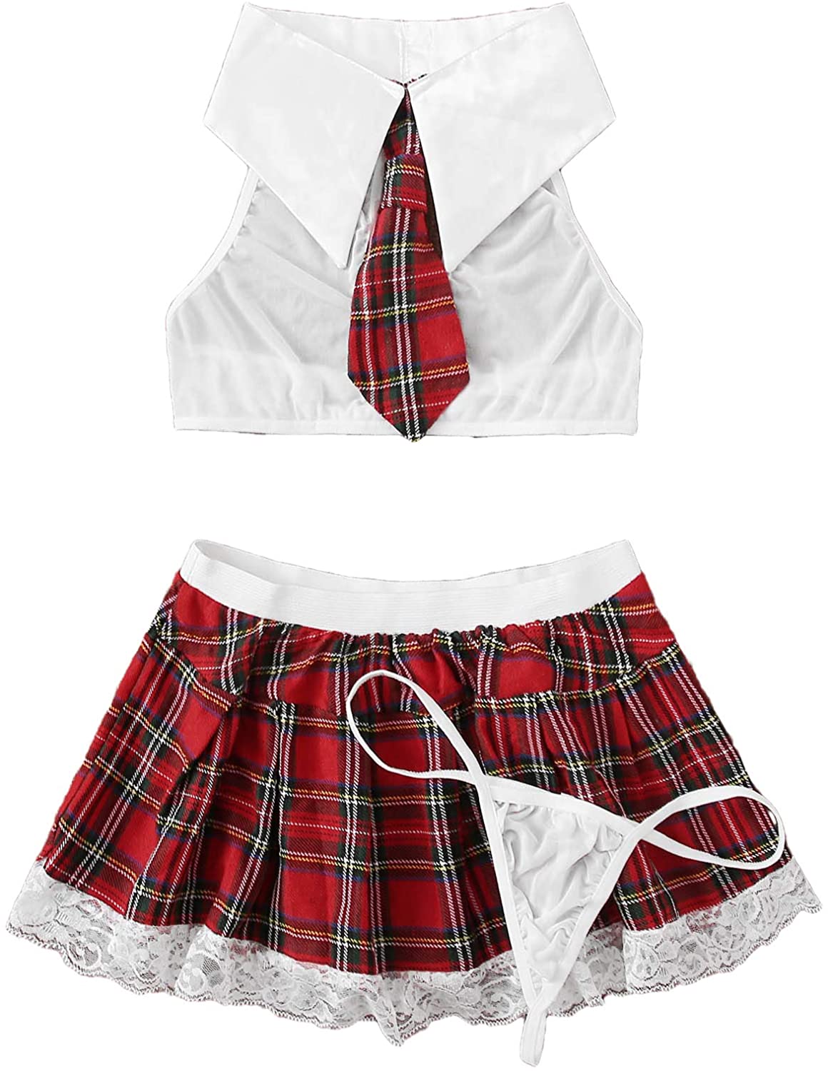 Price:$11.99 Women's Costume Sexy Lingerie Set Cosplay Top and Plaid Skirt Outfit: Clothing, Shoes & Jewelry