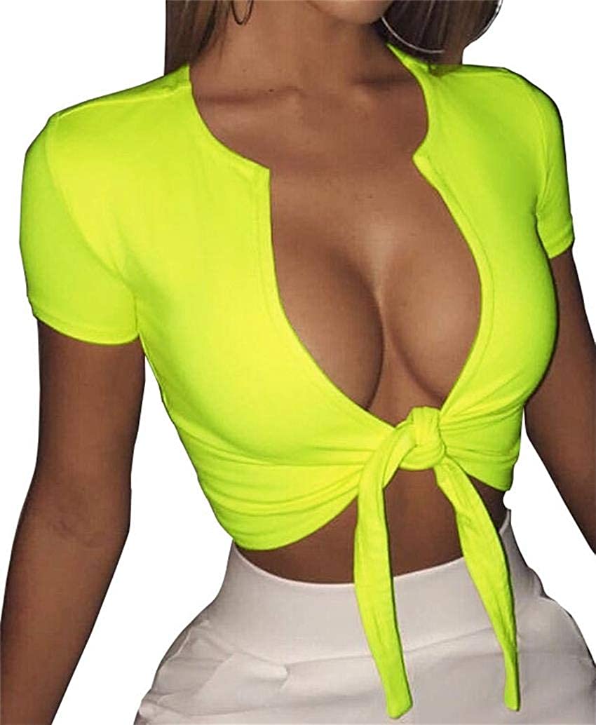 Price:$6.46 Women's Sexy Deep V Neck Short Sleeve Bandage Tie Front up Crop Tops at Amazon Women’s Clothing store