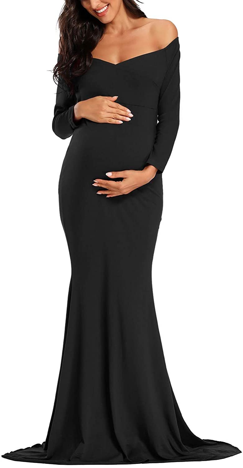 Price:$41.99 Women's Off Shoulder Maternity Dress Slim Cross-Front V Neck Long Sleeve Gowns for Photoshoot at Amazon Women’s Clothing store