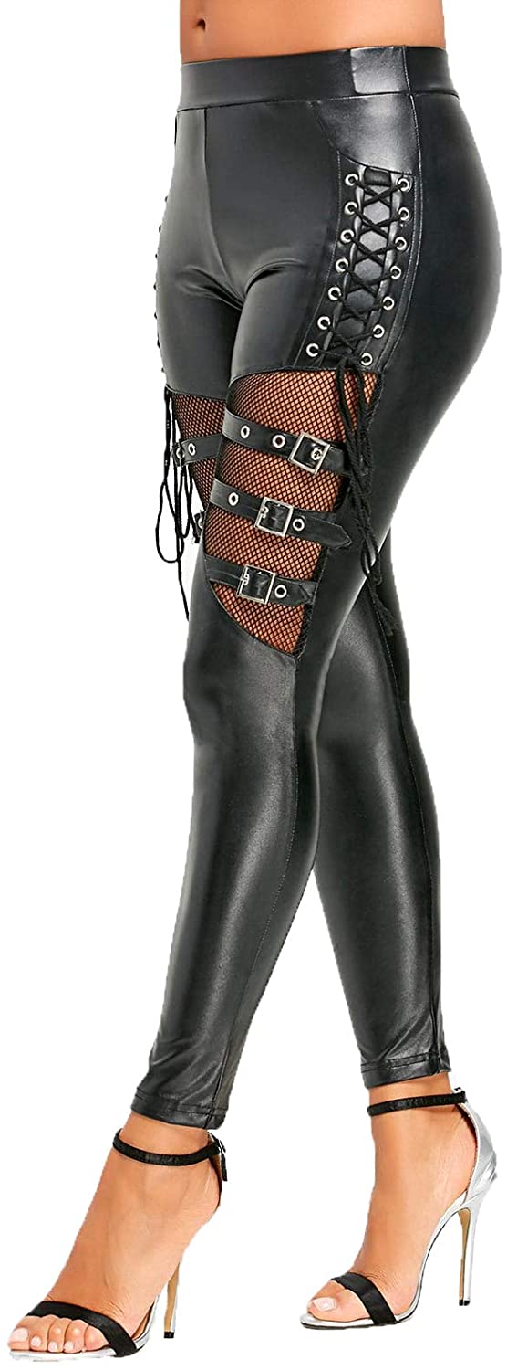 Price:$9.99 Fishnet Trim Lace Up PU Leather Pants Thin Lightweight Gothic Punk Leggings for Women at Amazon Women’s Clothing store