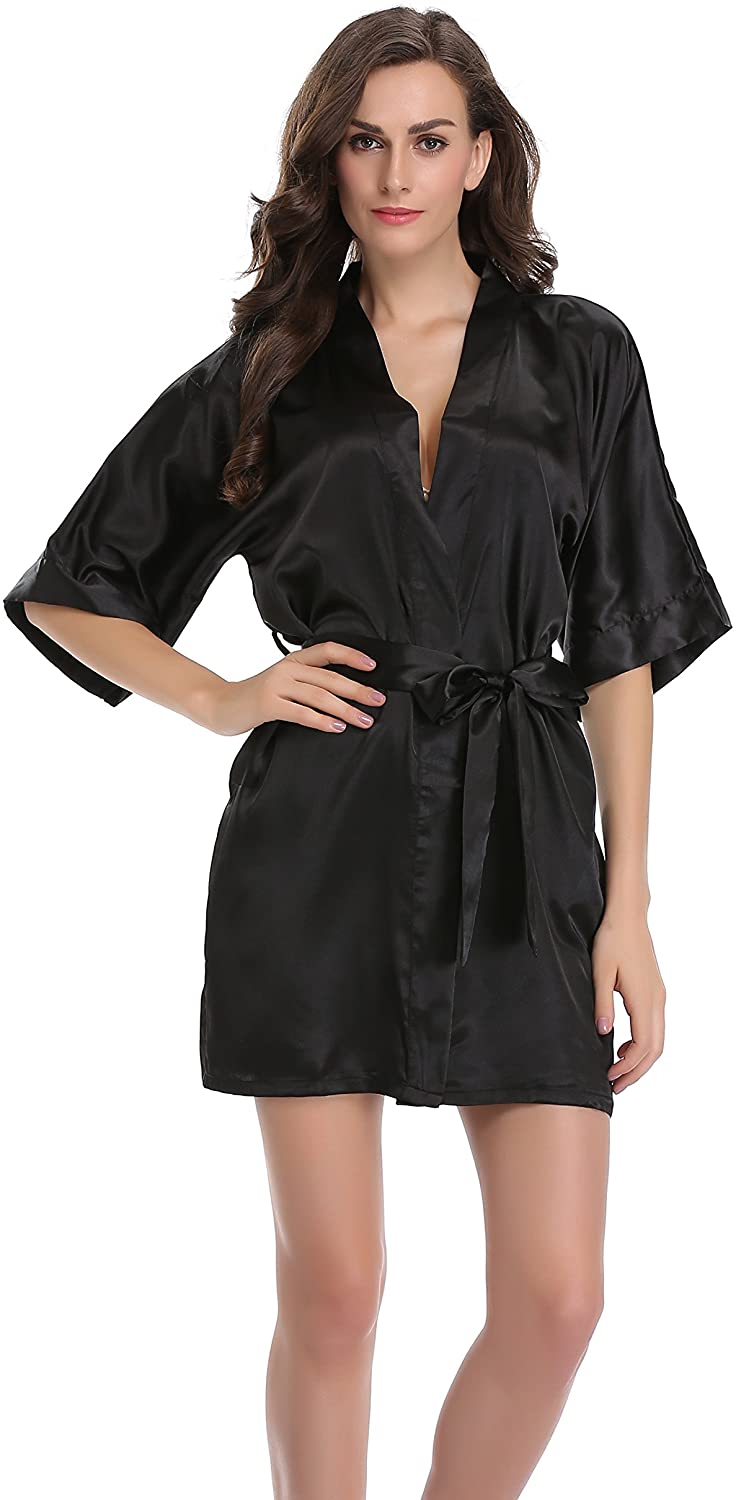 Price:$16.99 Women's Satin Kimono Robe with Oblique V-Neck Silky Bathrobe at Amazon Women’s Clothing store