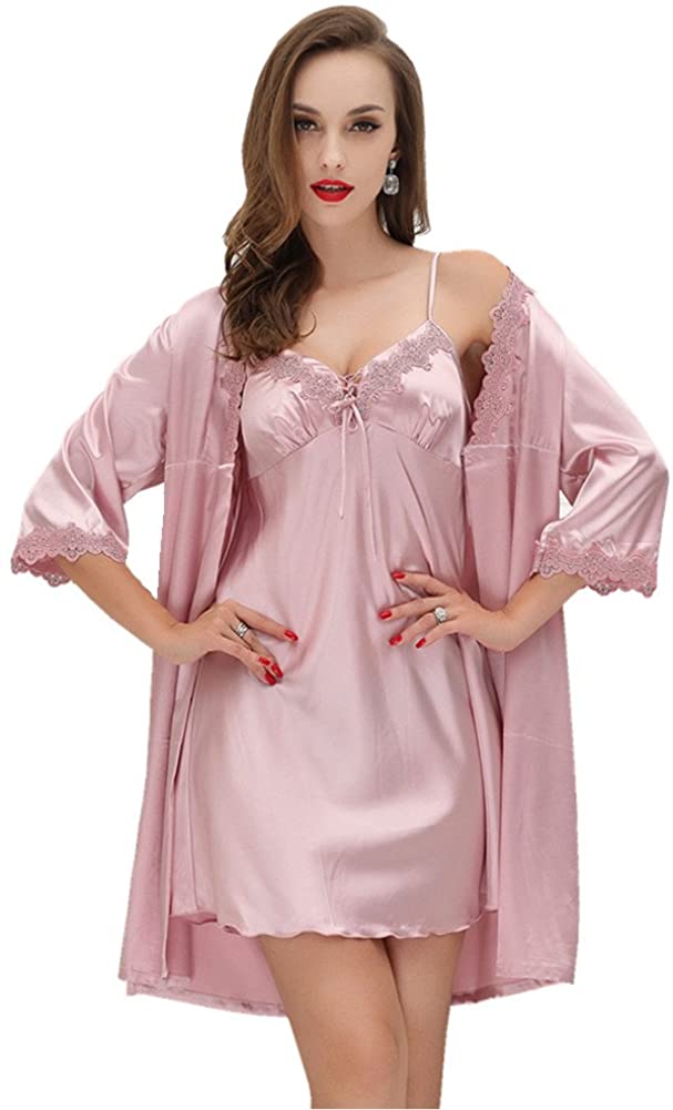 Price:$27.99 Women Sexy Silk Satin Robe Camisole Pajama Dress 2 Piece Suit Sleepwear at Amazon Women’s Clothing store