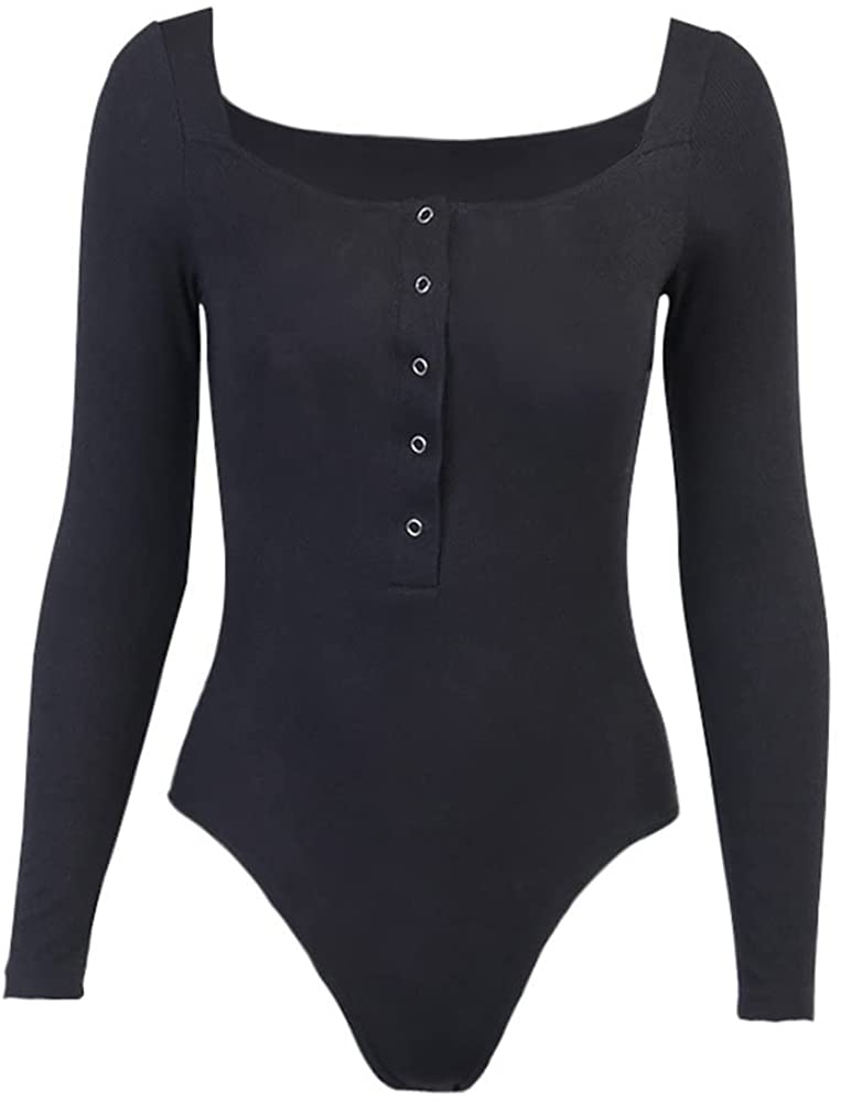 Price:$12.99 Long Sleeve Bodysuits Knitted Button Elastic Slim Fit Leotard Tops (L, Black) at Amazon Women’s Clothing store