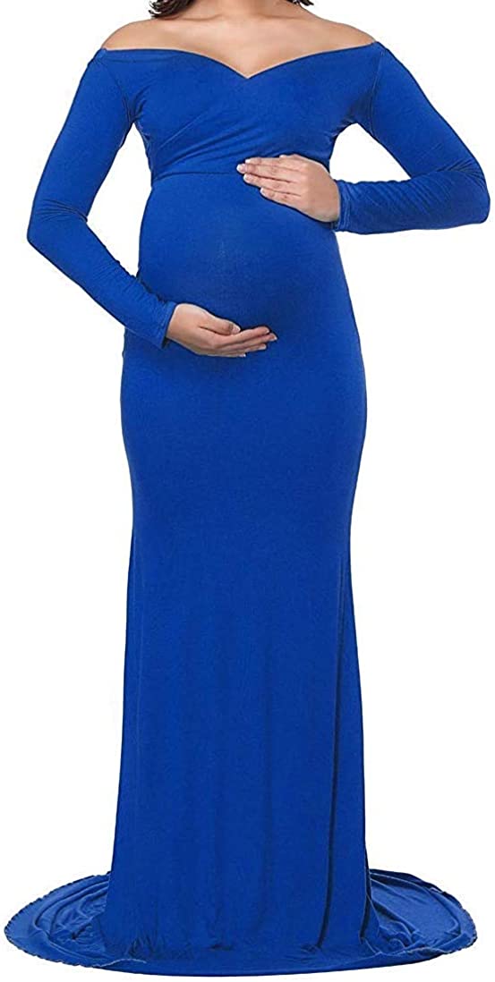 Price:$29.99 Maternity Elegant Fitted Maternity Gown Long Sleeve Cross-Front V Neck Slim Fit Maxi Photography Dress for Photoshoot at Amazon Women’s Clothing store