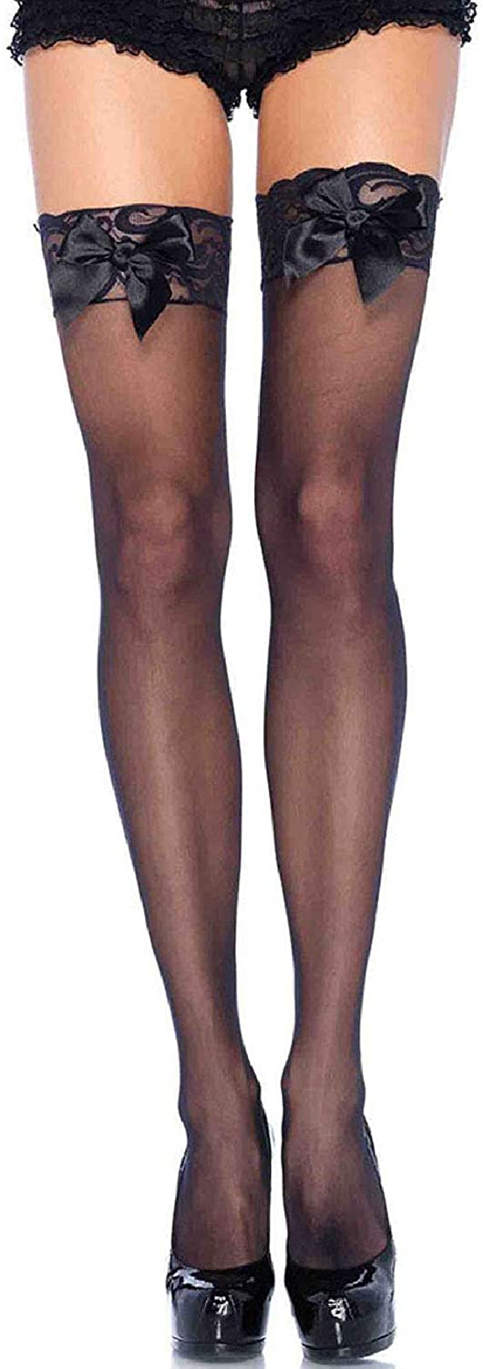 Price:$9.99 Avenue Women's Accent Lace Top Thigh Highs, Black Satin Bow, One Size: Adult Exotic Hosiery: Clothing, Shoes & Jewelry